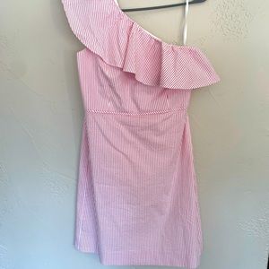 Ruffled pink one-shoulder seersucker J. Crew shift dress size 10